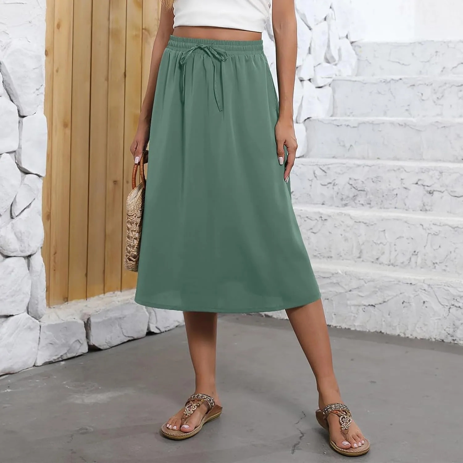 Casual Summer Skirts for Women Floral Midi Skirts Drawstring Elastic Waist Knee Length Skirt A Line Skirt with Pocket