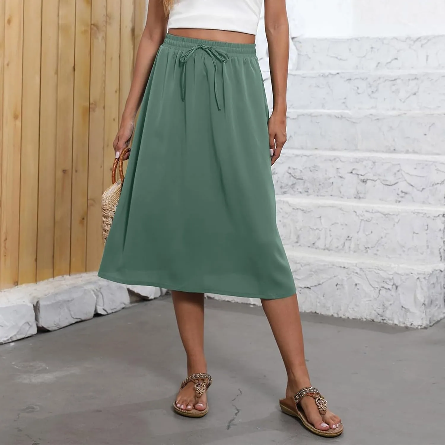 Casual Summer Skirts for Women Floral Midi Skirts Drawstring Elastic Waist Knee Length Skirt A Line Skirt with Pocket