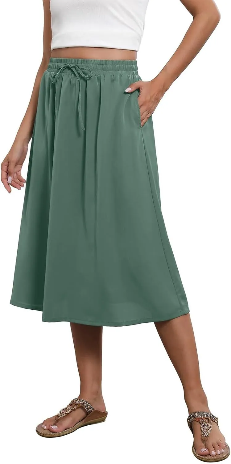 Casual Summer Skirts for Women Floral Midi Skirts Drawstring Elastic Waist Knee Length Skirt A Line Skirt with Pocket