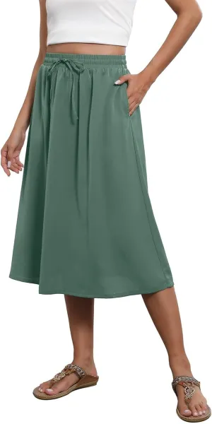 Casual Summer Skirts for Women Floral Midi Skirts Drawstring Elastic Waist Knee Length Skirt A Line Skirt with Pocket