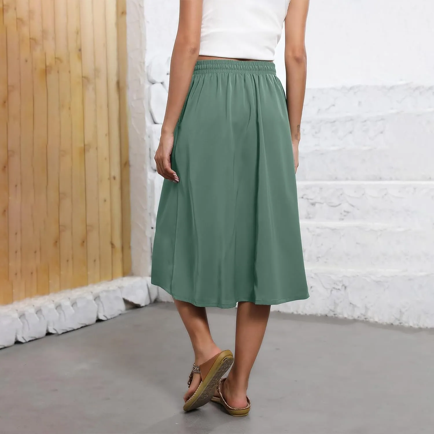 Casual Summer Skirts for Women Floral Midi Skirts Drawstring Elastic Waist Knee Length Skirt A Line Skirt with Pocket