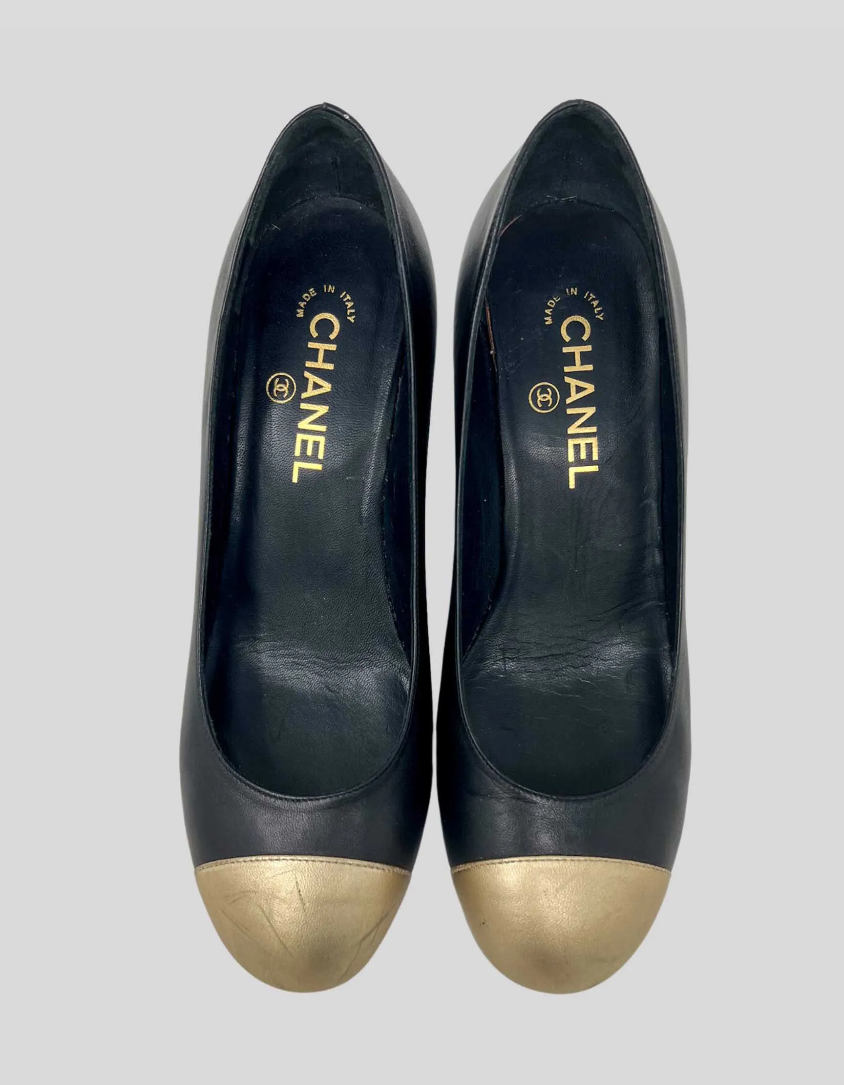 Chanel Black Wedge With Gold Tone Capped Toe With Chanel Emblem - 39 IT | 9 US
