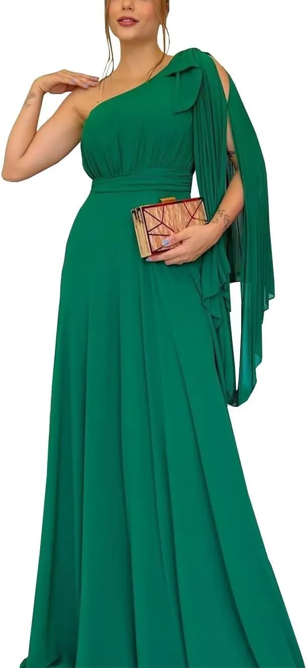 Chiffon Bridesmaid Dresses for Women One Shoulder Pleated Long Formal Evening Dresses