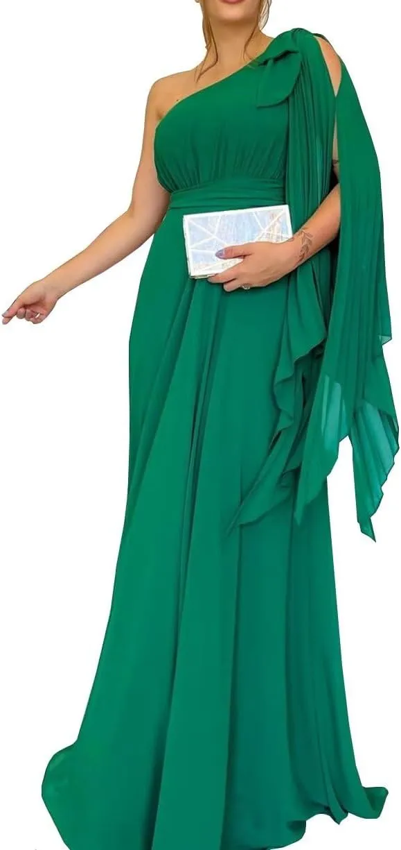 Chiffon Bridesmaid Dresses for Women One Shoulder Pleated Long Formal Evening Dresses