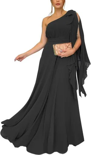 Chiffon Bridesmaid Dresses for Women One Shoulder Pleated Long Formal Evening Dresses
