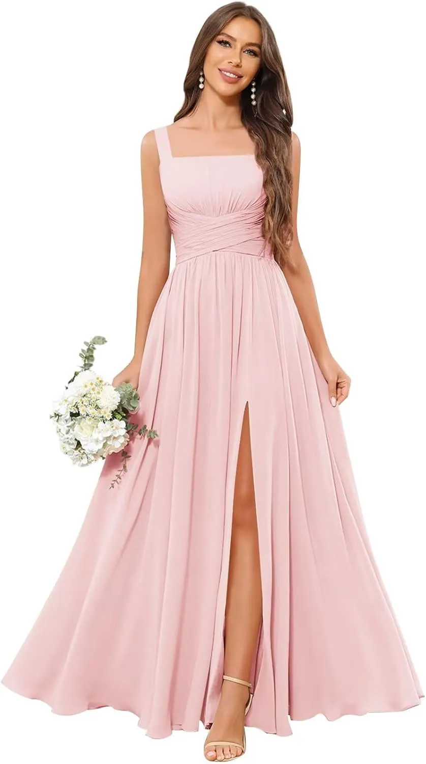 Chiffon Bridesmaid Dresses for Women Ruched Long Spaghetti Straps Formal Evening Gown with Pockets