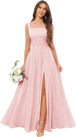 Chiffon Bridesmaid Dresses for Women Ruched Long Spaghetti Straps Formal Evening Gown with Pockets