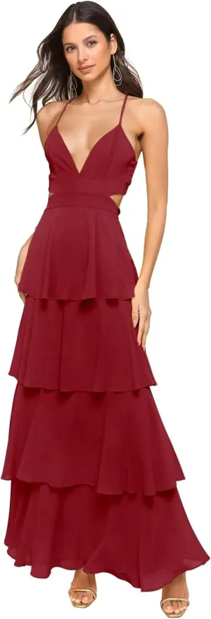 Chiffon Bridesmaid Dresses for Women Spaghetti Straps Tiered Ruffle Formal Party Dress