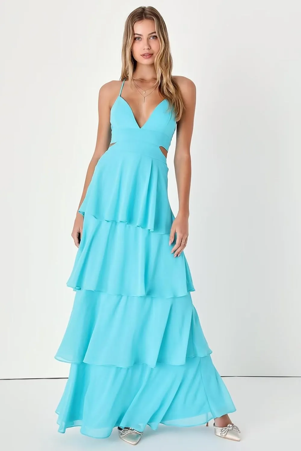 Chiffon Bridesmaid Dresses for Women Spaghetti Straps Tiered Ruffle Formal Party Dress