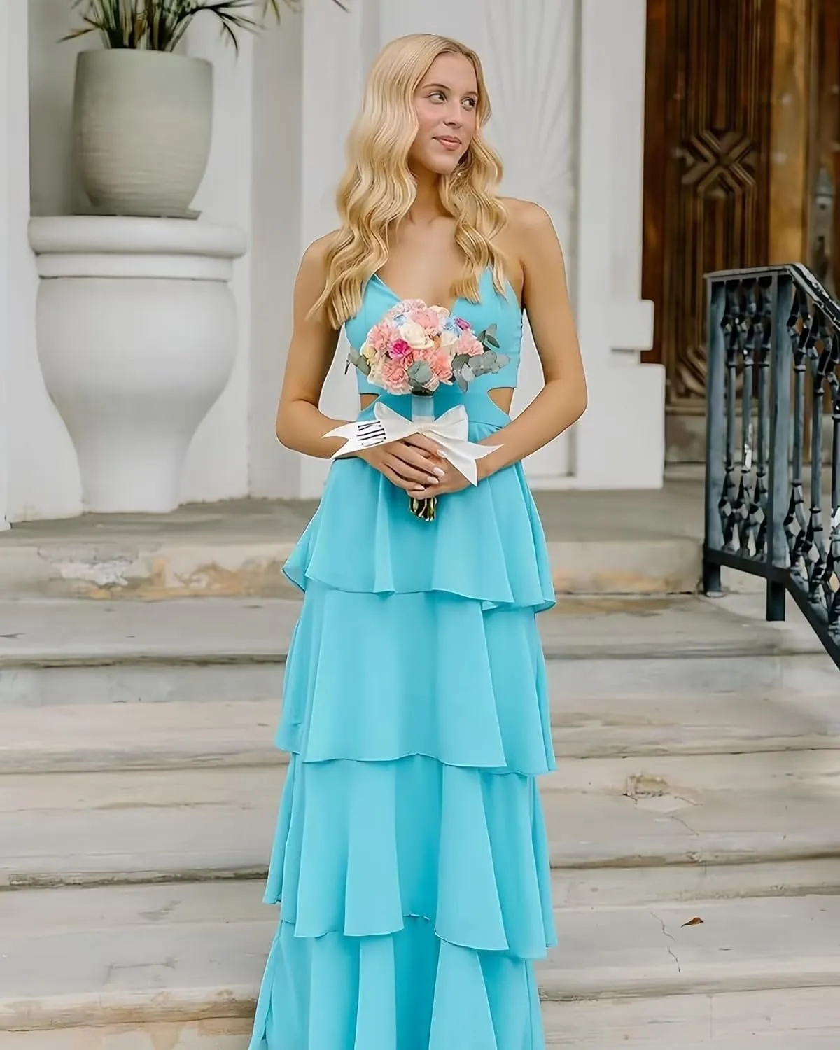 Chiffon Bridesmaid Dresses for Women Spaghetti Straps Tiered Ruffle Formal Party Dress