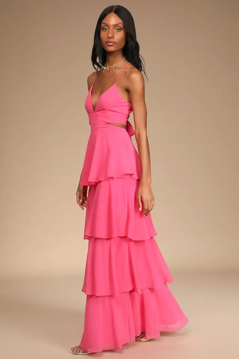 Chiffon Bridesmaid Dresses for Women Spaghetti Straps Tiered Ruffle Formal Party Dress