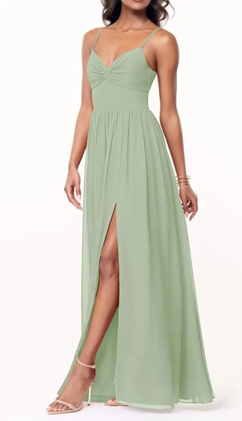 Chiffon Bridesmaid Dresses for Women Spaghetti Straps V Neck A Line Formal Evening Dresses with Slit