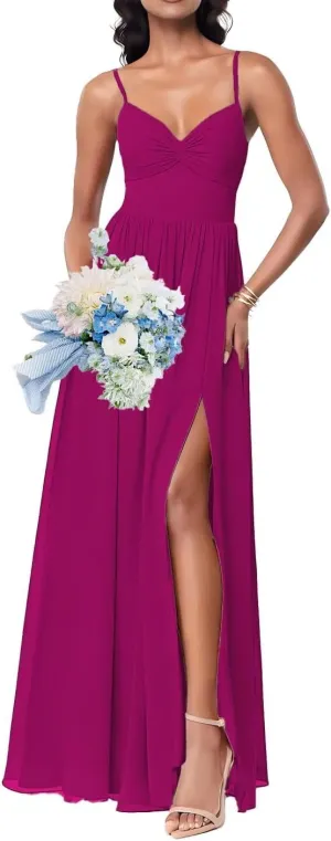 Chiffon Bridesmaid Dresses for Women Spaghetti Straps V Neck A Line Formal Evening Dresses with Slit