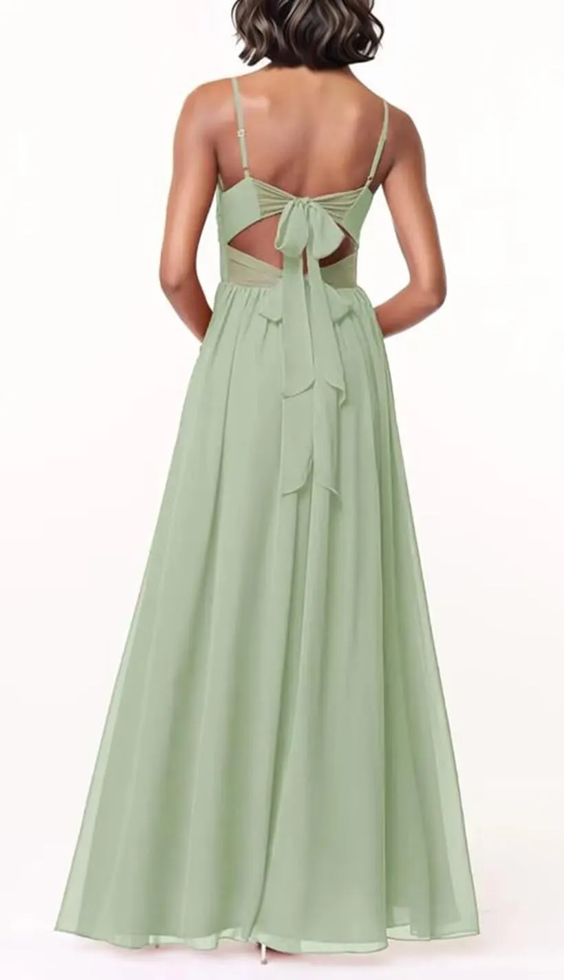 Chiffon Bridesmaid Dresses for Women Spaghetti Straps V Neck A Line Formal Evening Dresses with Slit