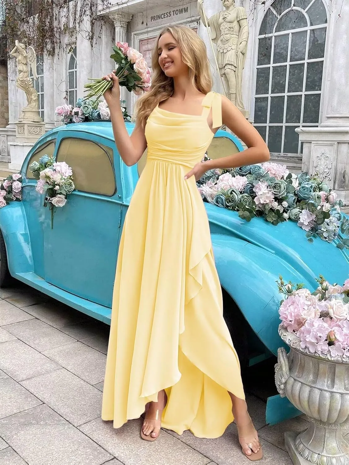 Chiffon Bridesmaid Dresses with Slit Scoop Neck Pleated Formal Evening Dress Hi002