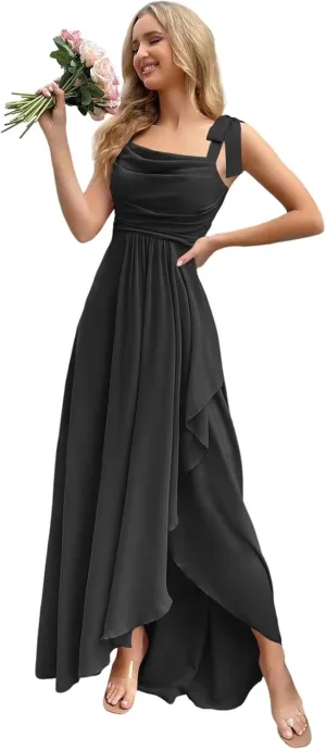 Chiffon Bridesmaid Dresses with Slit Scoop Neck Pleated Formal Evening Dress Hi002