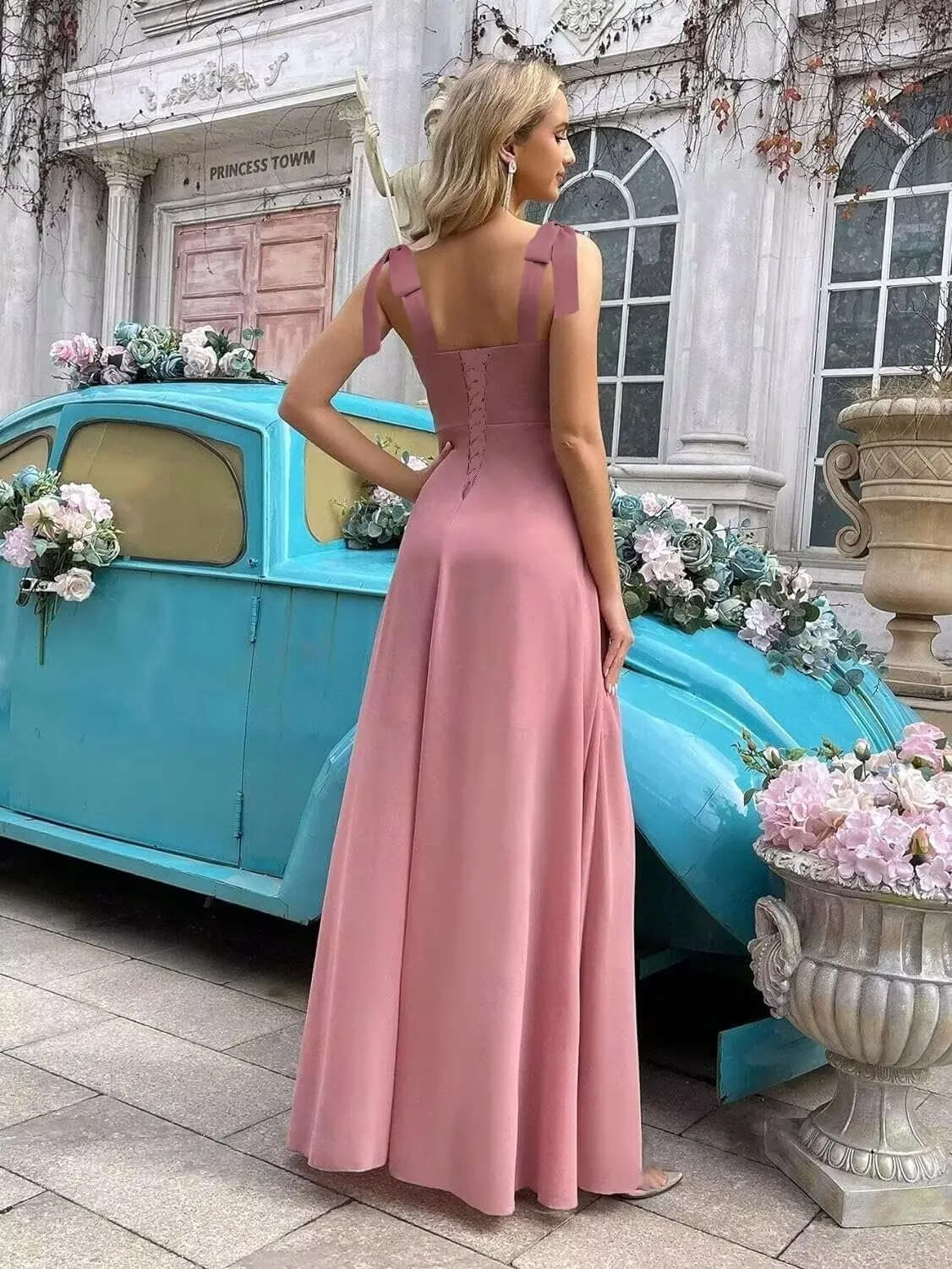 Chiffon Bridesmaid Dresses with Slit Scoop Neck Pleated Formal Evening Dress Hi002