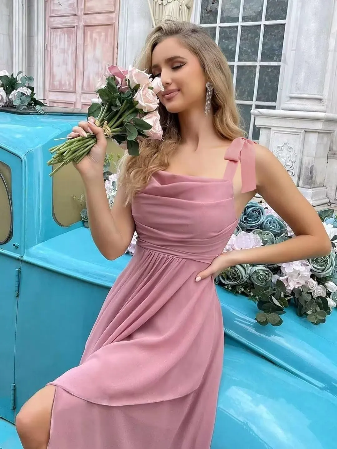 Chiffon Bridesmaid Dresses with Slit Scoop Neck Pleated Formal Evening Dress Hi002