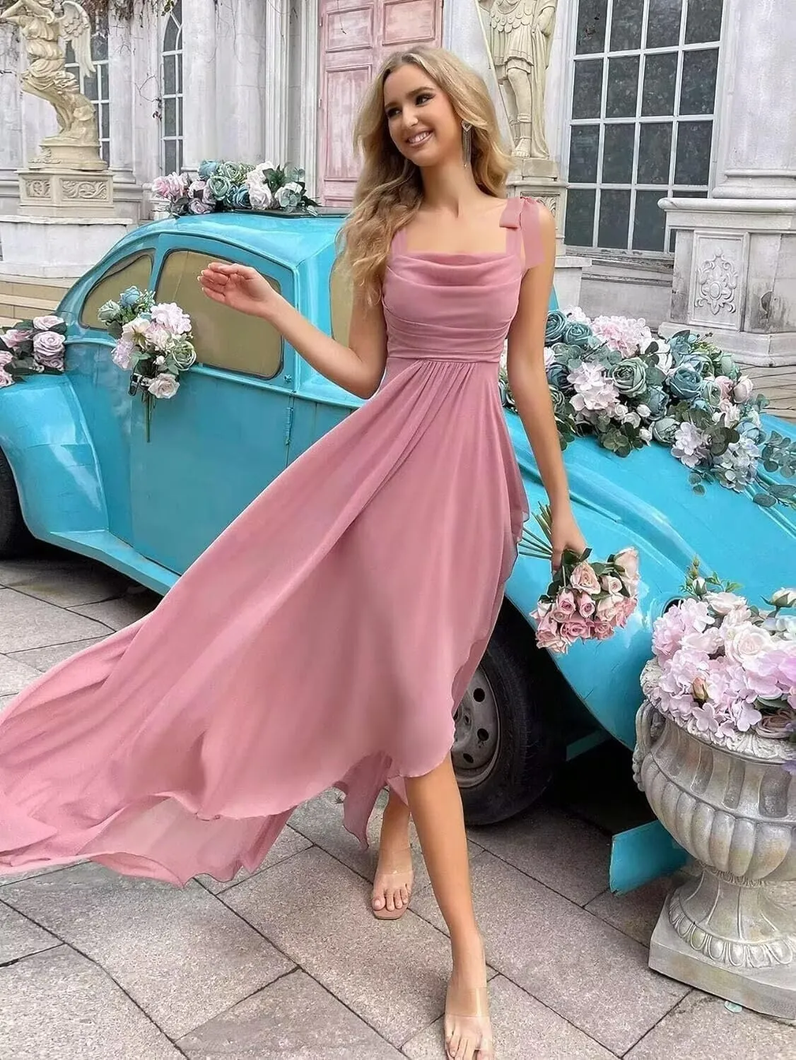 Chiffon Bridesmaid Dresses with Slit Scoop Neck Pleated Formal Evening Dress Hi002