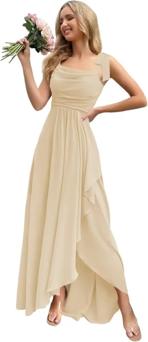 Chiffon Bridesmaid Dresses with Slit Scoop Neck Pleated Formal Evening Dress Hi002