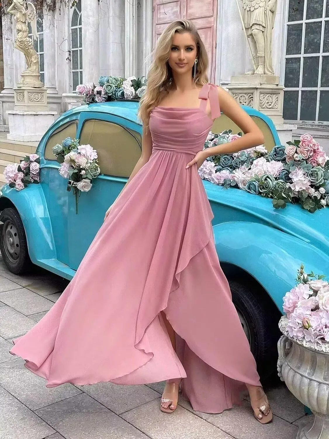 Chiffon Bridesmaid Dresses with Slit Scoop Neck Pleated Formal Evening Dress Hi002
