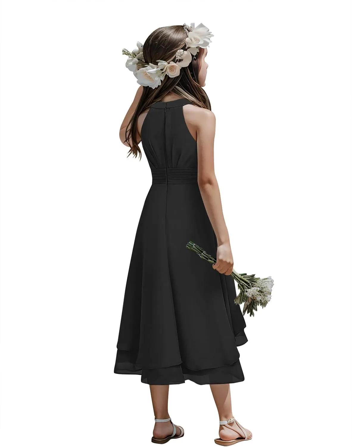 Chiffon Flowy Dresses Flower Girls Asymmetrical with Ruffles Sleveless Swing Party Gowns A-Line Dress