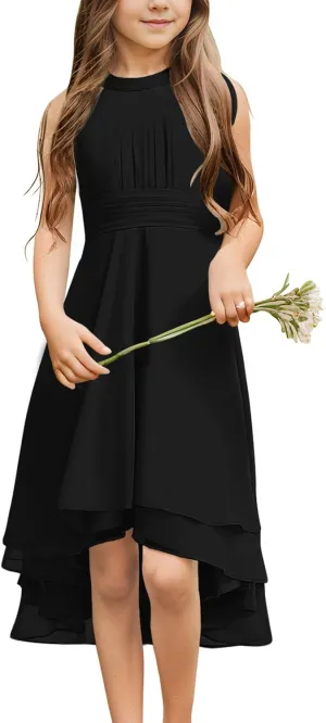 Chiffon Flowy Dresses Flower Girls Asymmetrical with Ruffles Sleveless Swing Party Gowns A-Line Dress