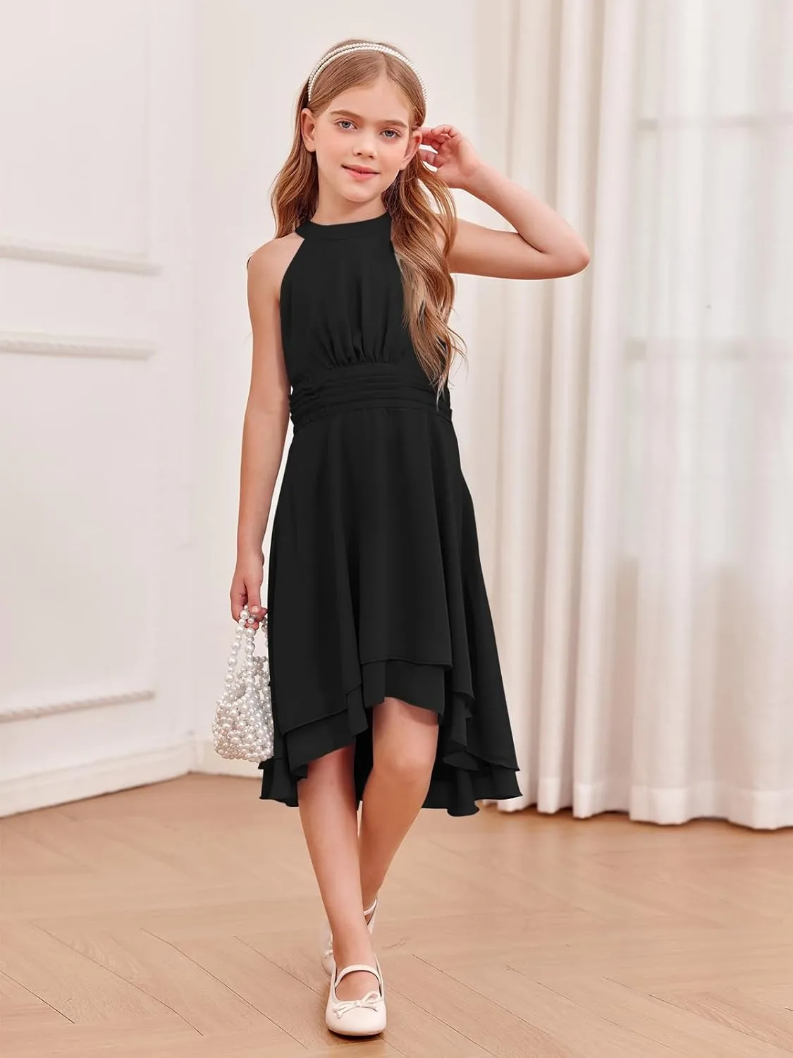 Chiffon Flowy Dresses Flower Girls Asymmetrical with Ruffles Sleveless Swing Party Gowns A-Line Dress