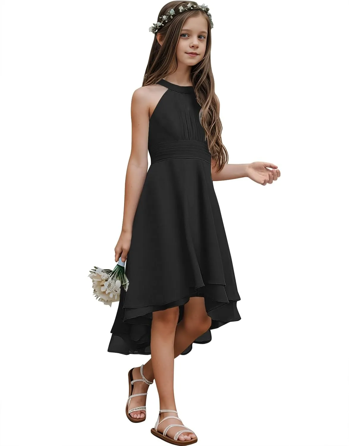 Chiffon Flowy Dresses Flower Girls Asymmetrical with Ruffles Sleveless Swing Party Gowns A-Line Dress