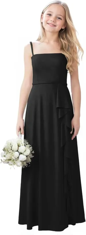 Chiffon Junior Bridesmaid Dresses with Slit Ruffle Spaghetti Straps A Line Flower Girl Formal Dress for Wedding