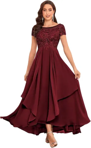 Chiffon Lace Mother of The Bride Dresses for Wedding Long Ruffle Short Sleeve Formal Evening Gown