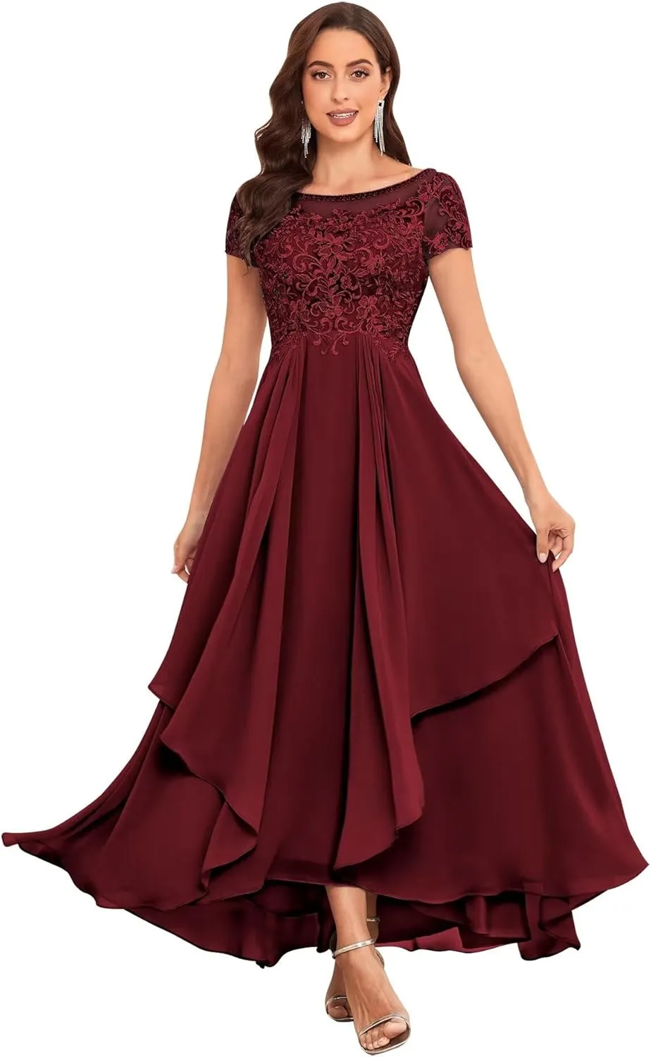 Chiffon Lace Mother of The Bride Dresses for Wedding Long Ruffle Short Sleeve Formal Evening Gown
