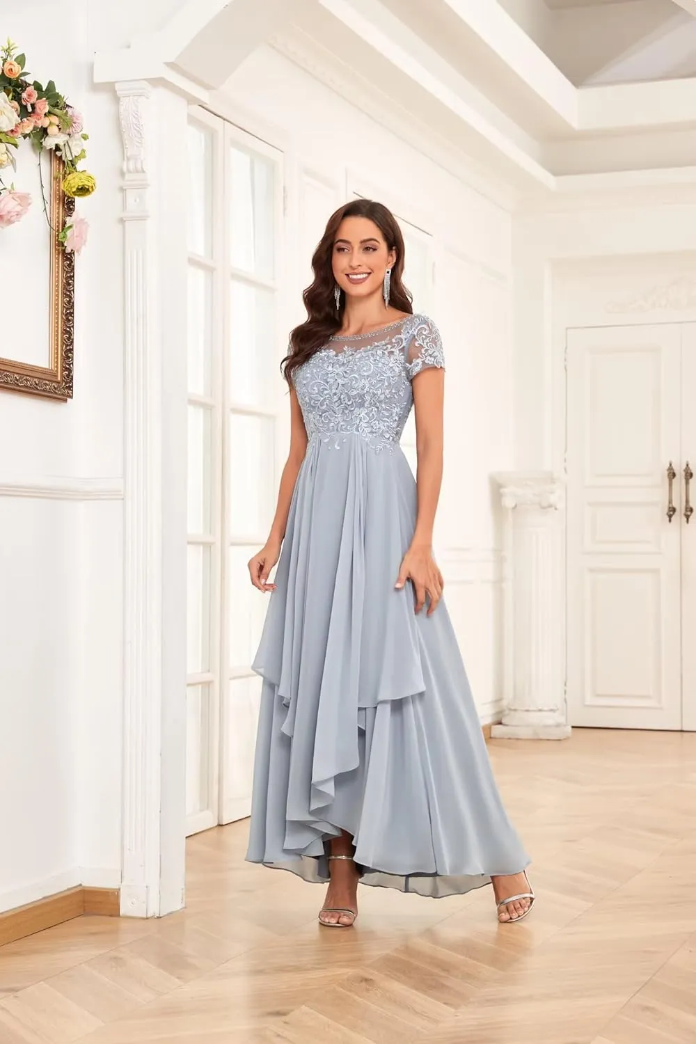 Chiffon Lace Mother of The Bride Dresses for Wedding Long Ruffle Short Sleeve Formal Evening Gown