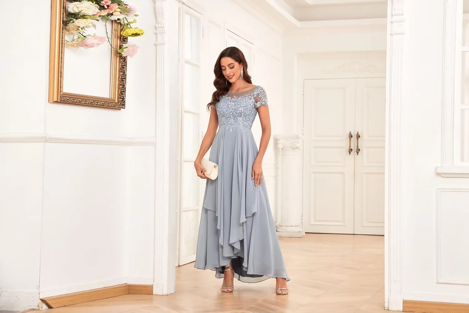Chiffon Lace Mother of The Bride Dresses for Wedding Long Ruffle Short Sleeve Formal Evening Gown