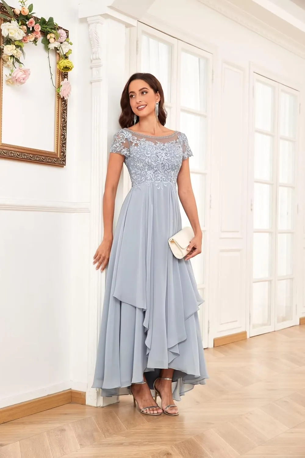 Chiffon Lace Mother of The Bride Dresses for Wedding Long Ruffle Short Sleeve Formal Evening Gown