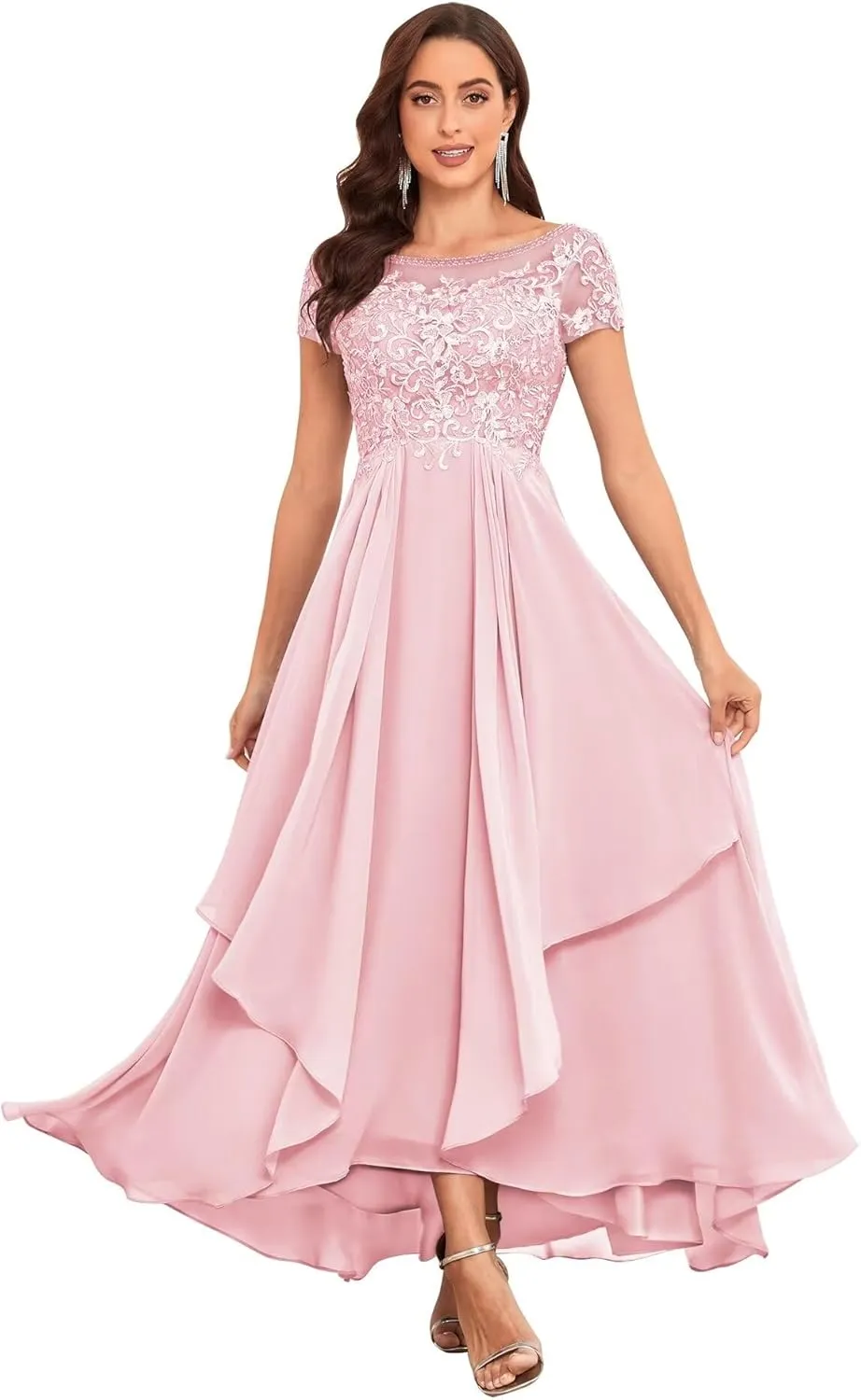 Chiffon Lace Mother of The Bride Dresses for Wedding Long Ruffle Short Sleeve Formal Evening Gown