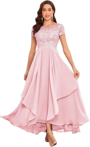 Chiffon Lace Mother of The Bride Dresses for Wedding Long Ruffle Short Sleeve Formal Evening Gown
