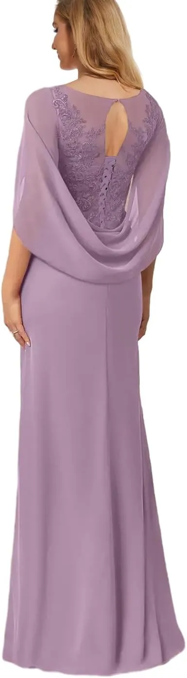 Chiffon Lace Mother of The Bride Dresses with Cape Long Formal Dress Corset Evening Gowns for Women