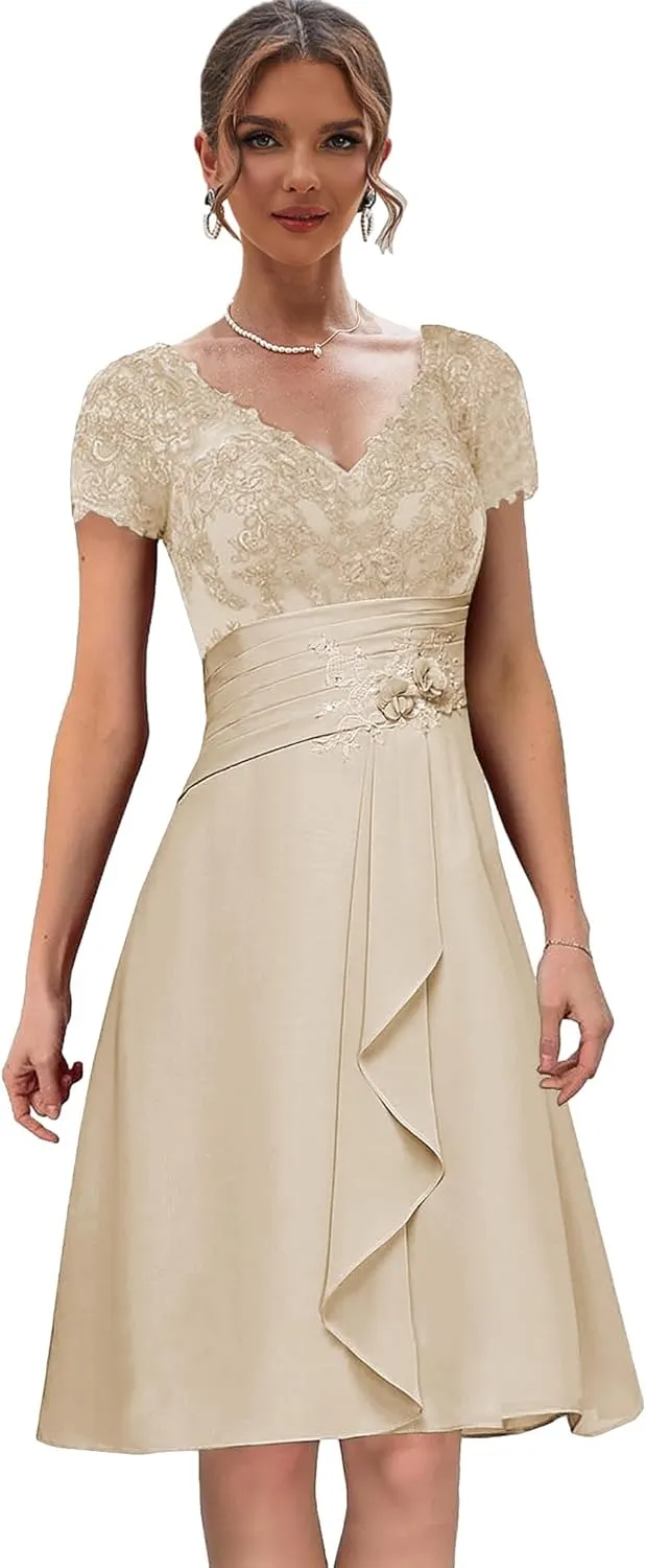 Chiffon Lace Mother of The Bride Dresses with Sleeves Ruffle Short Evening Gown V Neck Formal Dress for Wedding
