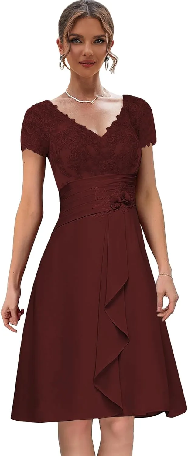 Chiffon Lace Mother of The Bride Dresses with Sleeves Ruffle Short Evening Gown V Neck Formal Dress for Wedding