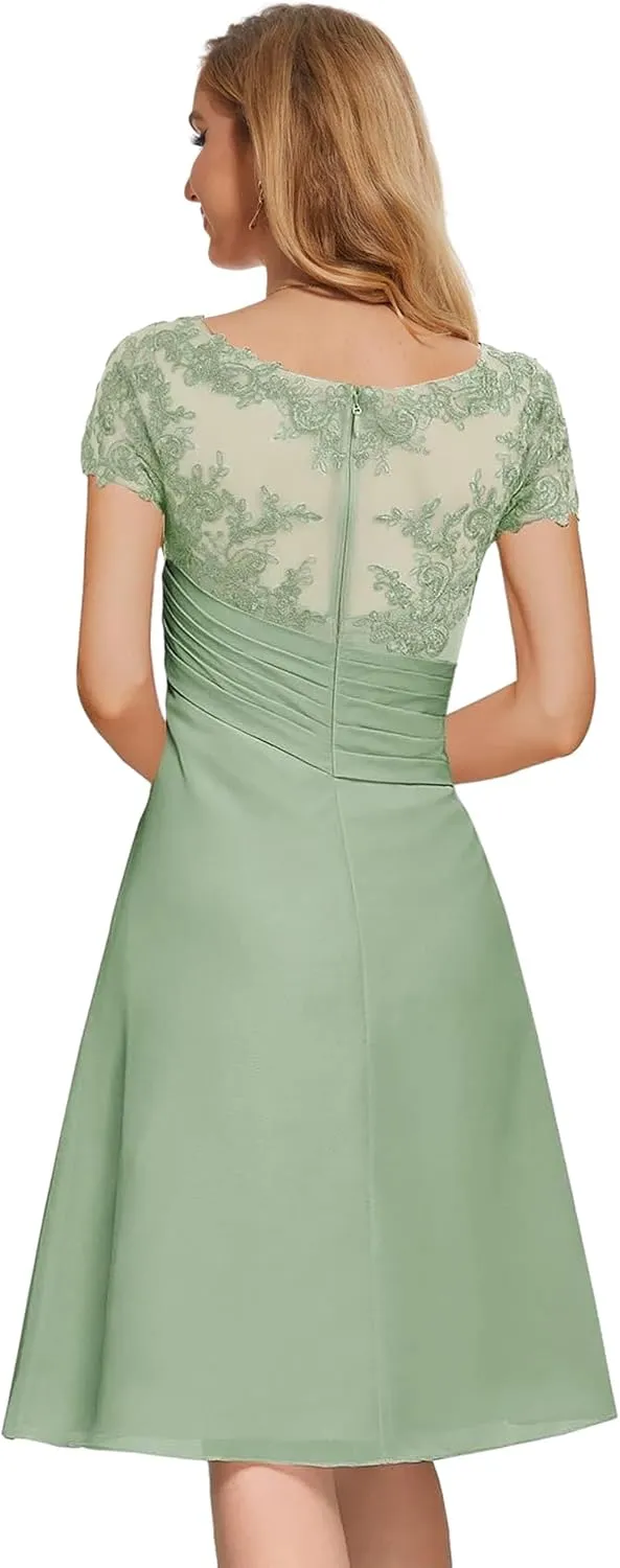Chiffon Lace Mother of The Bride Dresses with Sleeves Ruffle Short Evening Gown V Neck Formal Dress for Wedding