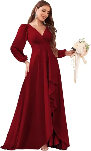 Chiffon Long Sleeve Bridesmaid Dresses for Women Long Ruffle V Neck Formal Evening Gown with Slit