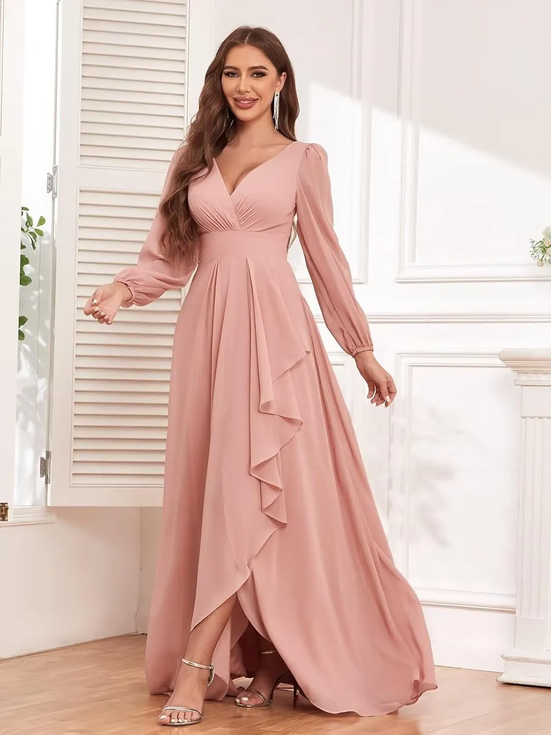 Chiffon Long Sleeve Bridesmaid Dresses for Women Long Ruffle V Neck Formal Evening Gown with Slit