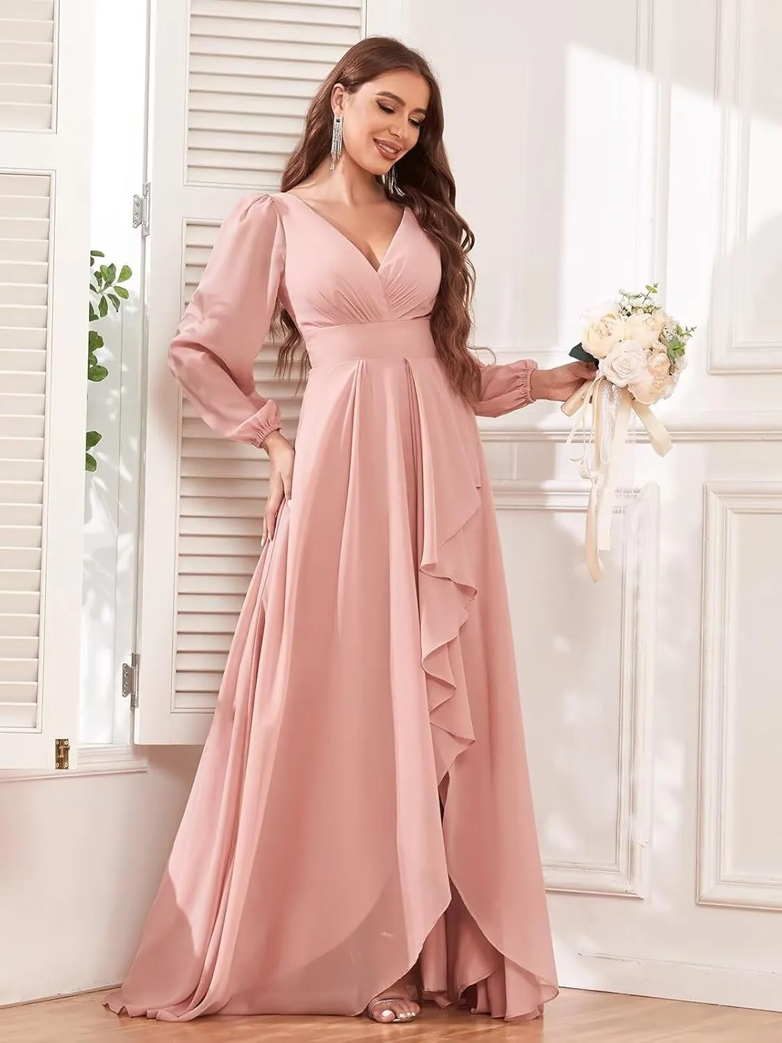 Chiffon Long Sleeve Bridesmaid Dresses for Women Long Ruffle V Neck Formal Evening Gown with Slit