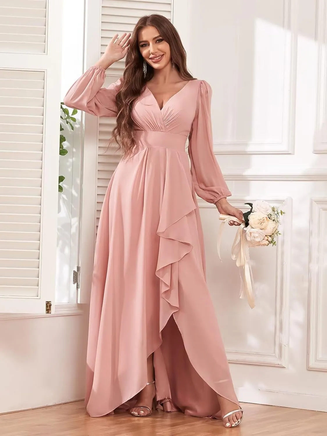 Chiffon Long Sleeve Bridesmaid Dresses for Women Long Ruffle V Neck Formal Evening Gown with Slit