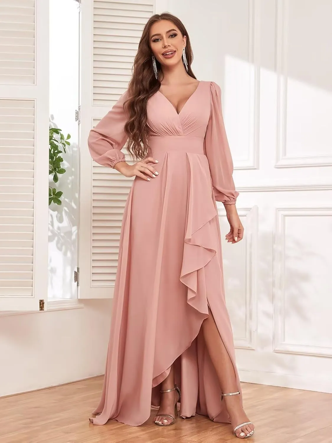 Chiffon Long Sleeve Bridesmaid Dresses for Women Long Ruffle V Neck Formal Evening Gown with Slit