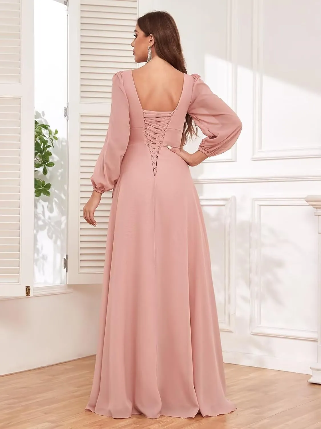 Chiffon Long Sleeve Bridesmaid Dresses for Women Long Ruffle V Neck Formal Evening Gown with Slit