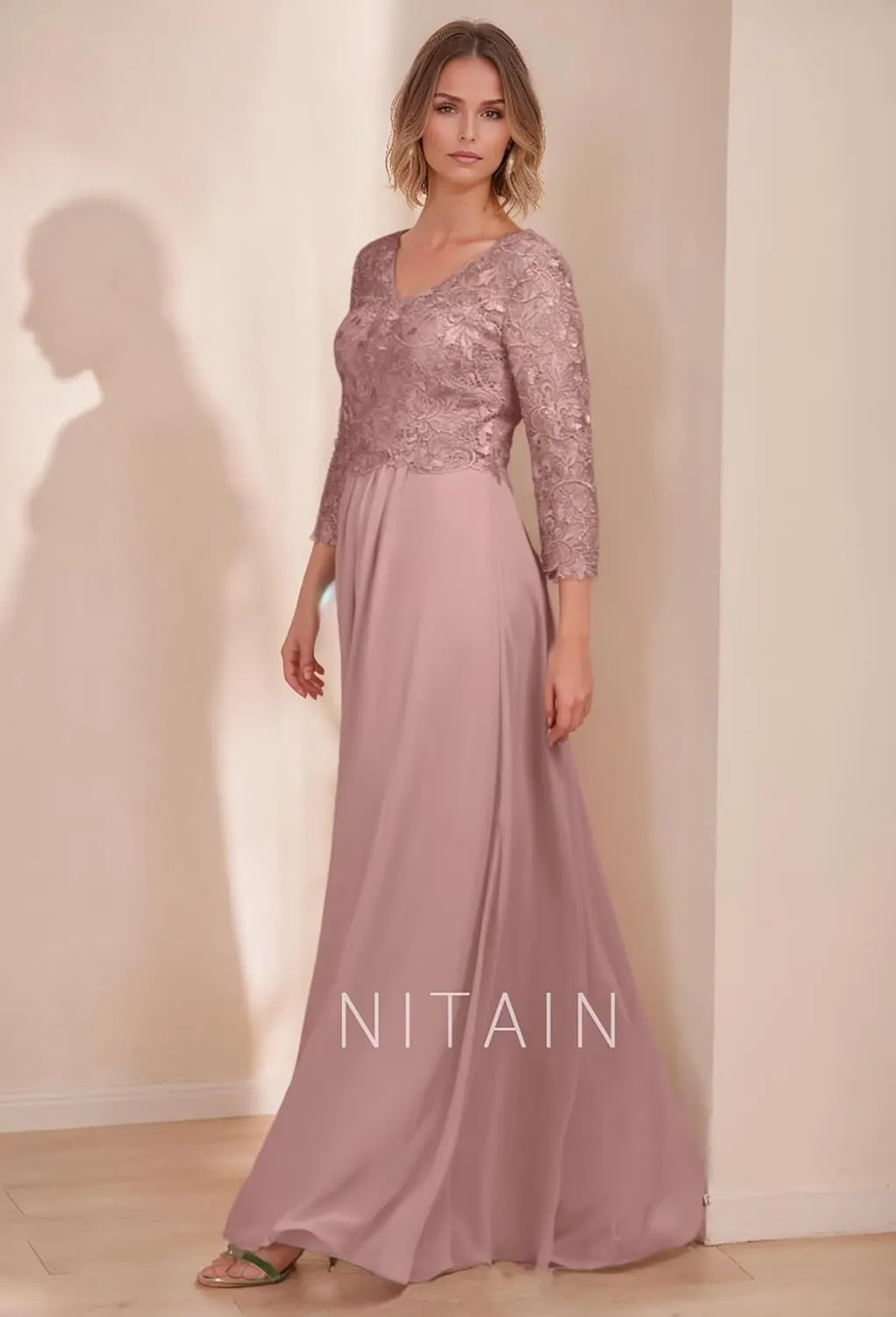 Chiffon Mothe of The Bride Dresses Lace Appliques Formal Evening Gowns Long Sleeve Wedding Guest Dress