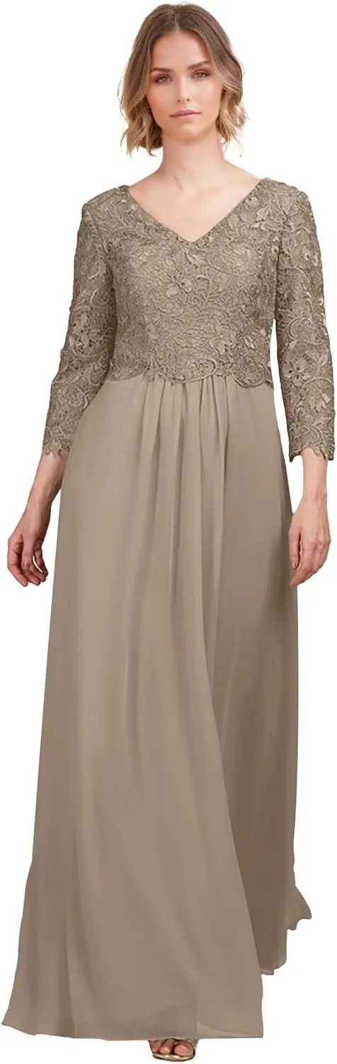 Chiffon Mothe of The Bride Dresses Lace Appliques Formal Evening Gowns Long Sleeve Wedding Guest Dress