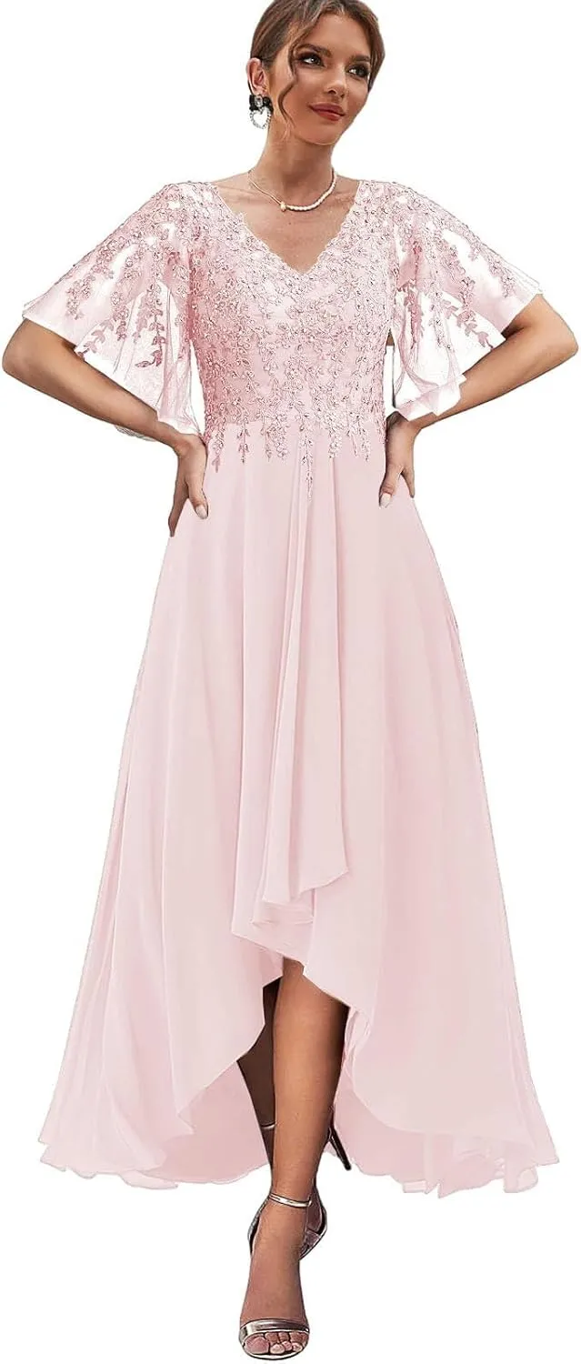 Chiffon Mother of The Bride Dress Lace Applique Beaded Formal Evening Gown with Ruffle Sleeve MK43